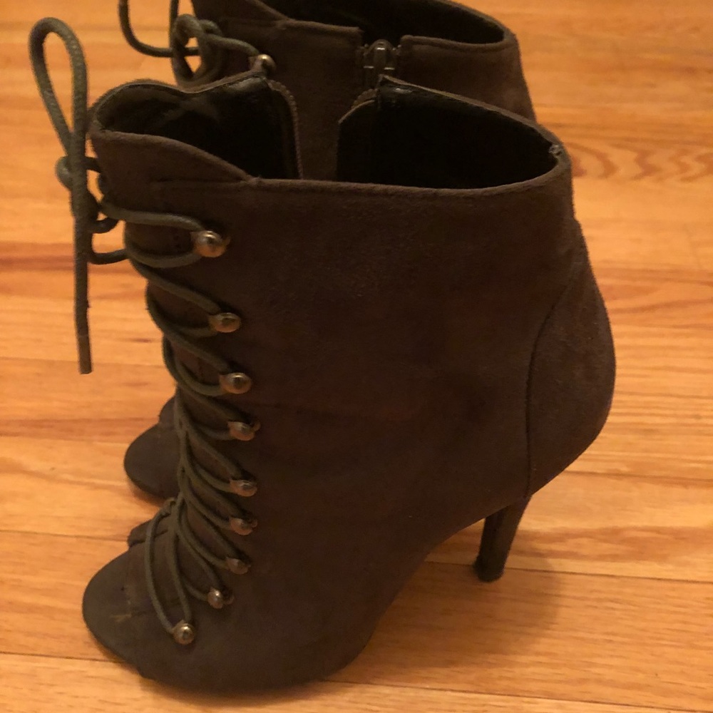 Olive Green Peep Toe Booties, Size 38/8